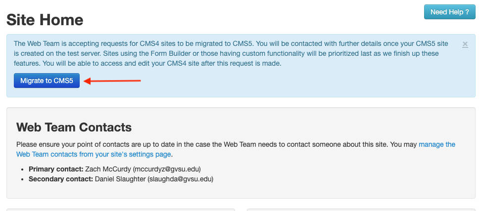 a preview of a cms4 site dashboard with an alert message and instructions on how to migrate their site